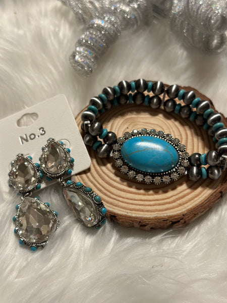 Bling and turquoise bracelet, and earring set