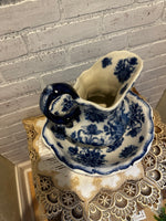 Blue and white floral pitcher and basin