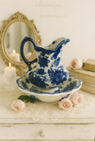 Blue and white floral pitcher and basin