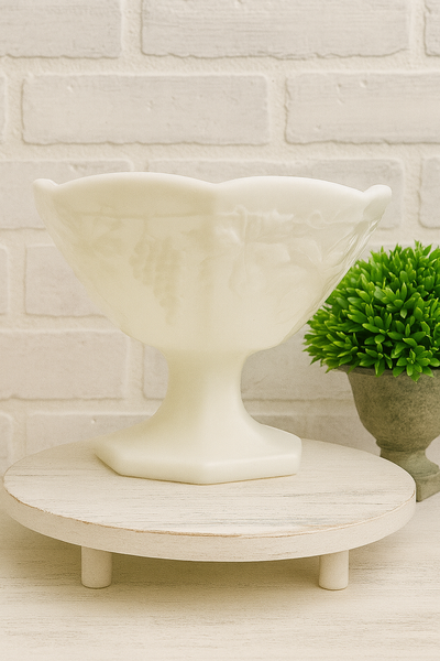 Vintage 1960’s milk glass 6x5 vase with vines and grape.