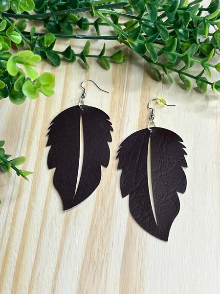 Dark brown leather feather earrings